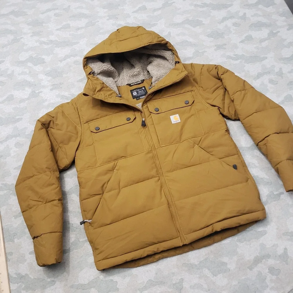 Carhartt Puffer Jacket Mens Small Green Tan Loose Fit Rain Defender‎ Zip Hooded